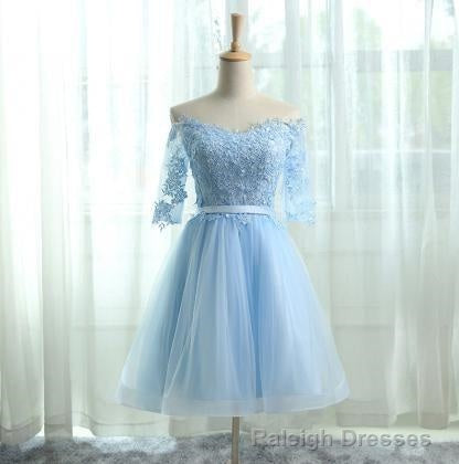 A-Line Off the Shoulder Half Sleeves Light Blue Tulle Homecoming Dress 2025 with Appliques Main image