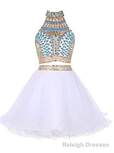 Two Piece High Neck White Tulle Short Homecoming Dress 2026 with Beading Rhinestone