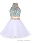 Two Piece High Neck White Tulle Short Homecoming Dress 2025 with Beading Rhinestone