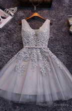 Princess/A-Line V-Neck Appliques Gray Tulle Homecoming/Prom Dresses