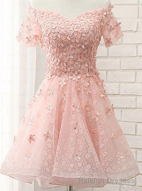Princess/A Line Off-the-Shoulder Appliques Short Coral Lace Homecoming/Prom Dresses