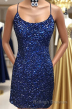 Lace-Up Navy Blue Tight Mini Prom Dresses