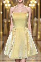 Strapless Lace-Up Yellow Satin Homecoming Dress