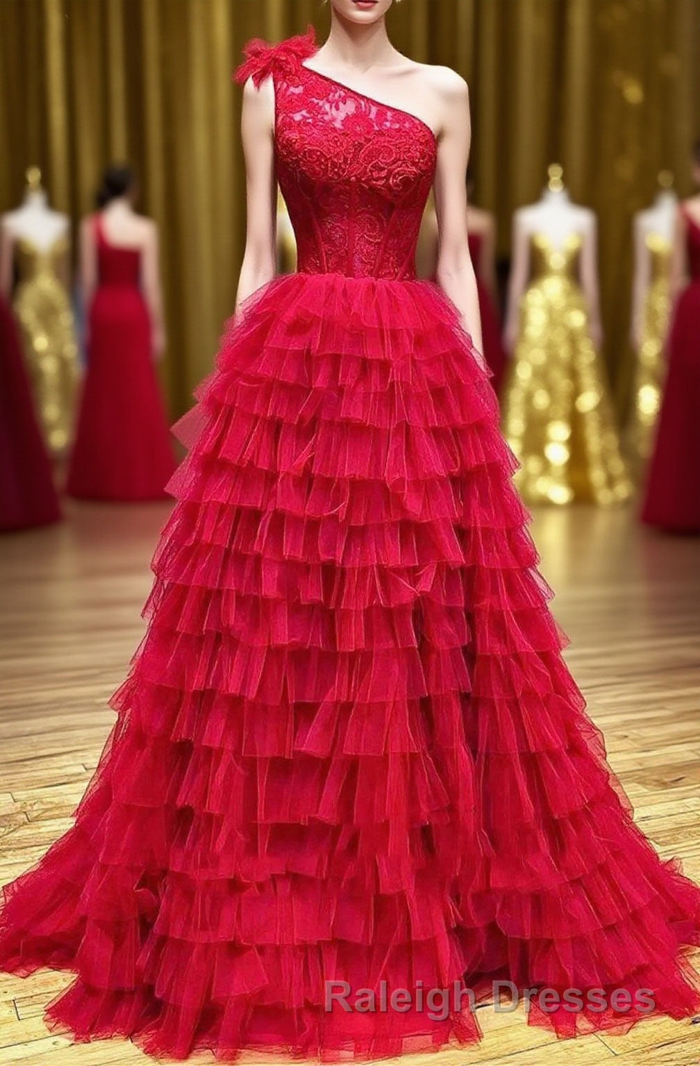Red One Shoulder Corset Tiered Long Prom Dress with Ruffles Main image