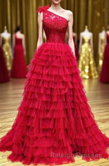 Red One Shoulder Corset Tiered Long Prom Dress with Ruffles