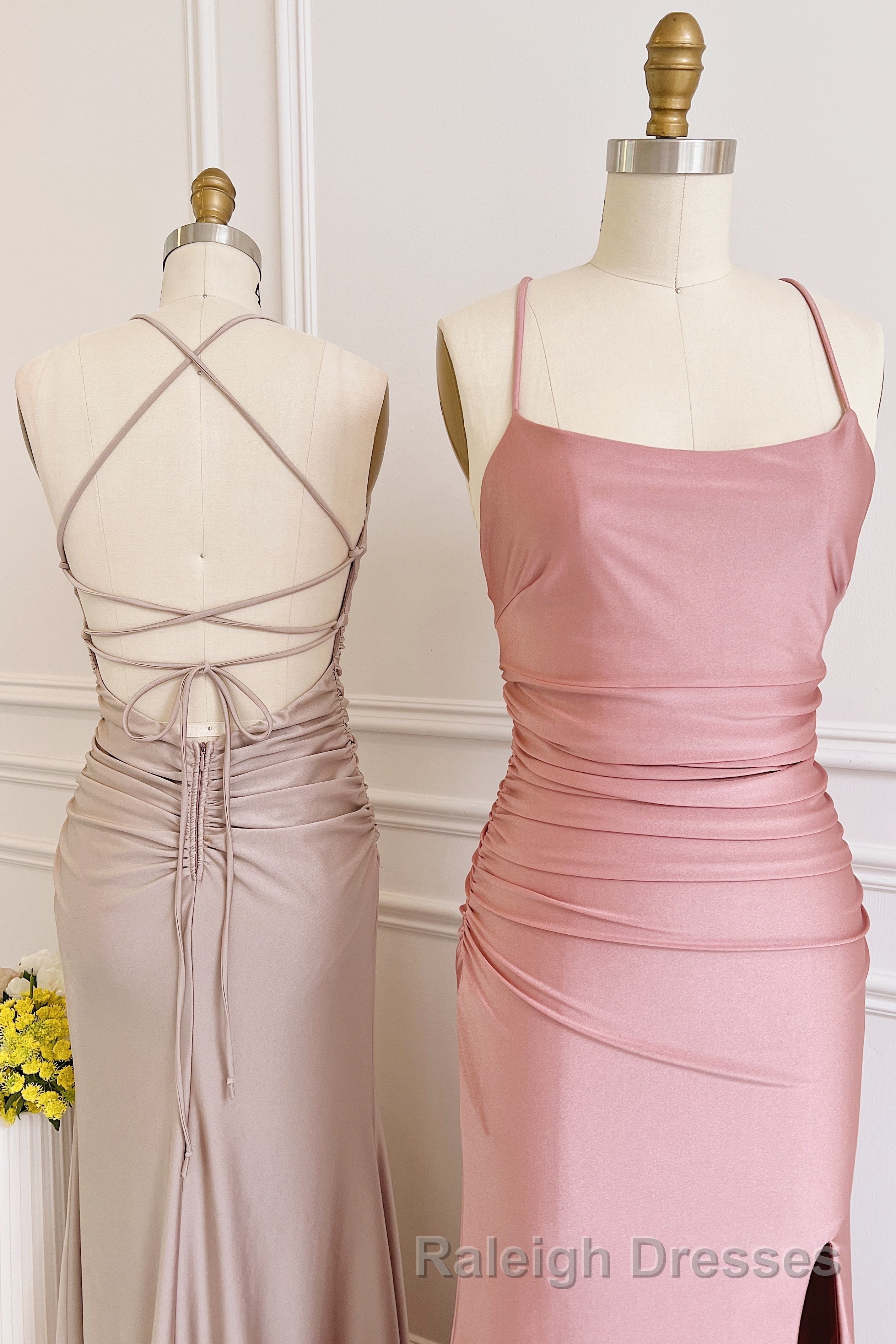 Dusty Pink Satin Lace-Up Sheath Long Bridesmaid Dresses with Slit Secondary image