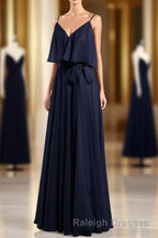 Black Chiffon V Neck Ruffled A Line Long Bridesmaid Dresses
