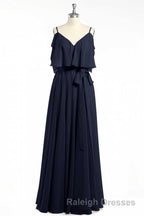 Black Chiffon V-Neck Ruffled A-Line Long Bridesmaid Dress