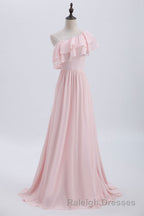 Ruffles Pink One Shoulder Chiffon A-line Long Bridesmaid Dress