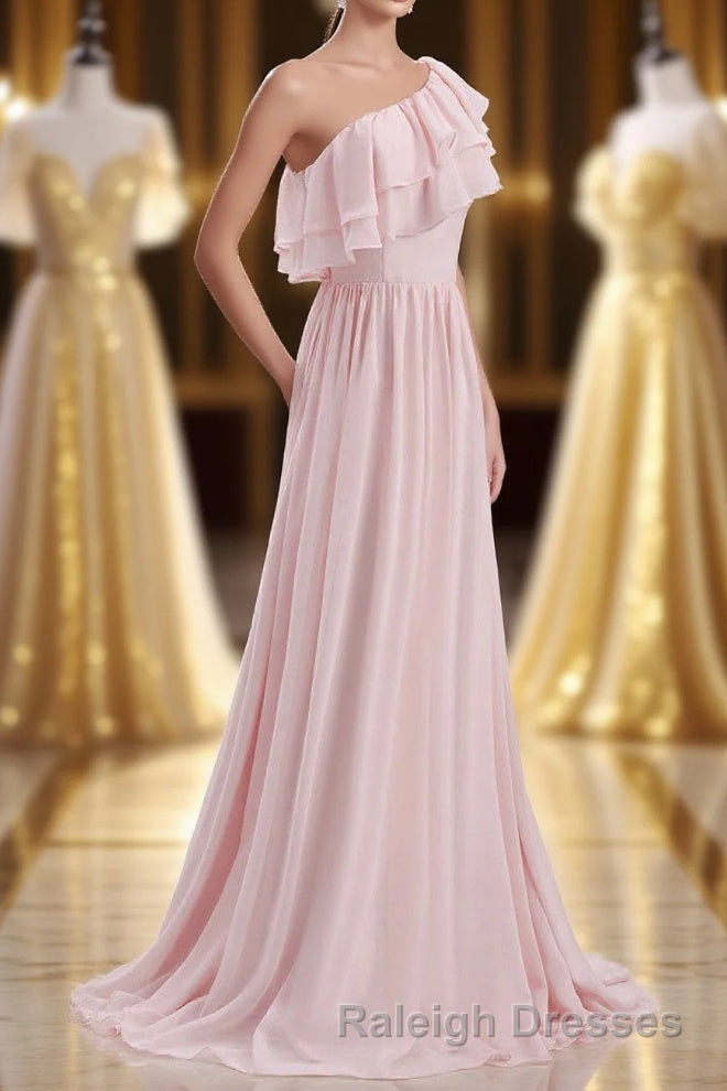 Ruffles Pink One Shoulder Chiffon A Line Long Bridesmaid Dresses Main image