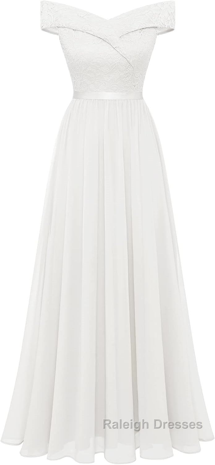 Womens Lace Bridesmaid Dress A-Line Off Shoulder Floral Lace Chiffon Prom Dresses