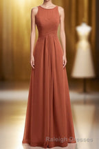 Rust Orange Crew Neck Backless A-Line Long Bridesmaid Dress