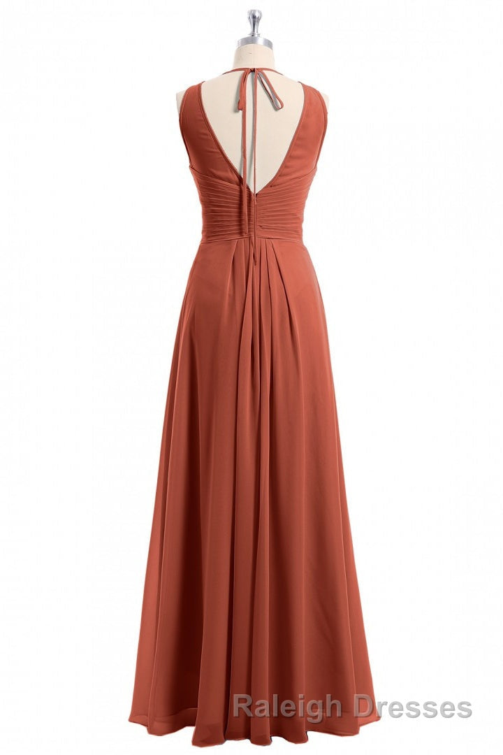 Rust Orange Crew Neck Backless A Line Long Bridesmaid Dresses