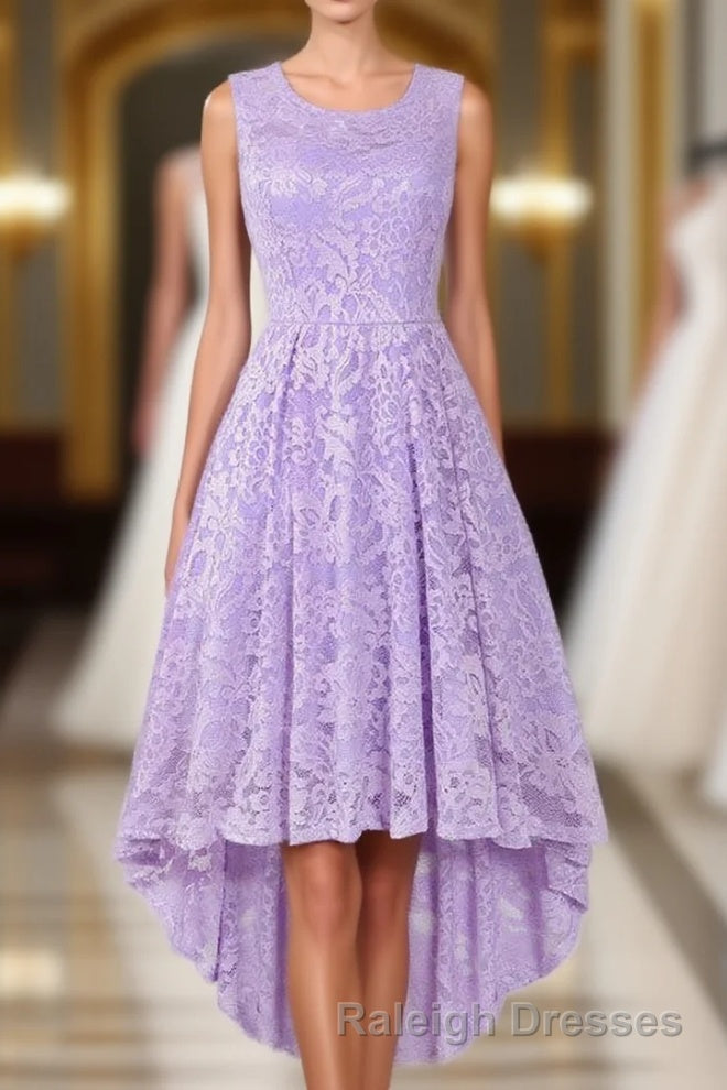 Sleeveless Hi-Low Lace Lavender Prom Dresses Main image