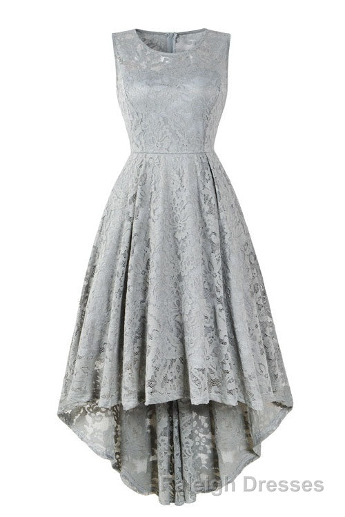 Sleeveless Hi-Low Lace Lavender Prom Dresses