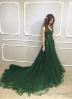 Dark Green Low Back Beaded Lace V Neckline Prom Dress, A Line Prom Dress