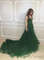 Dark Green Low Back Beaded Lace V Neckline Prom Dress, A Line Prom Dress