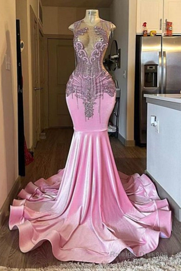 Pink Mermaid Beaded Floor Length Prom Dresses Main image