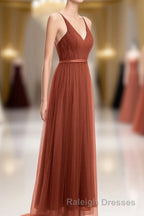 Rust Orange V-Neck Backless A-Line Long Bridesmaid Dress