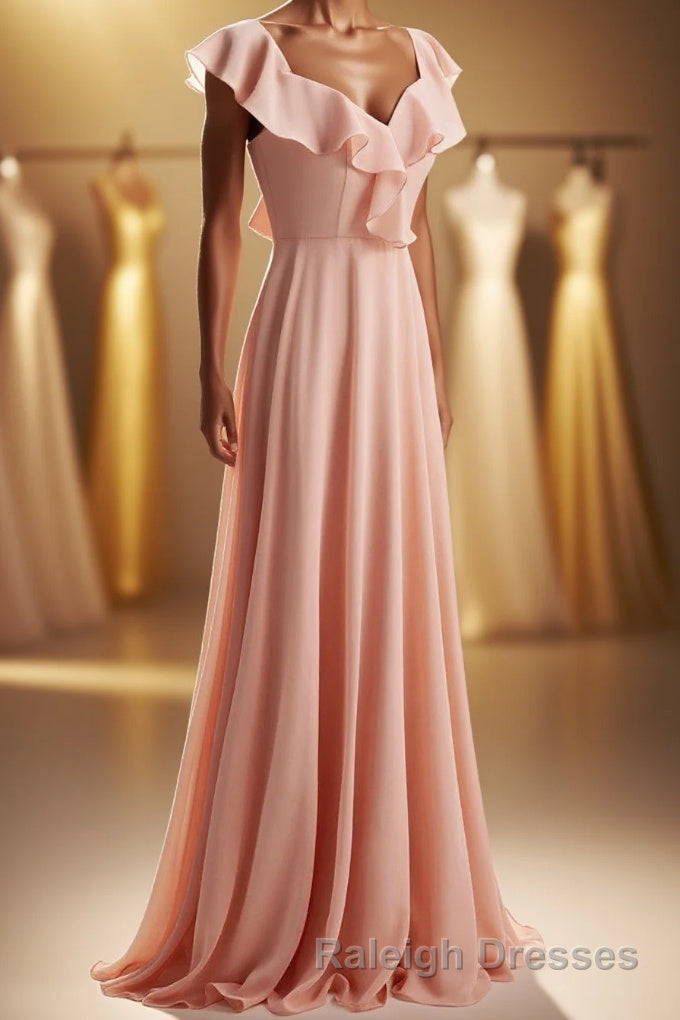 Peach Ruffles A-lline Chiffon Long Bridesmaid Dresses with Tie Back Main image