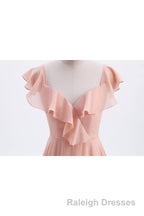 Peach Ruffles A-lline Chiffon Long Bridesmaid Dress with Tie Back