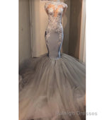 2025 Silver Long Sleeve Mermaid/Trumpet Lace and Tulle Prom Dresses