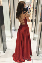 Red Spaghetti Straps V-neck Long Prom Dress, Shiny A Line Party Gown