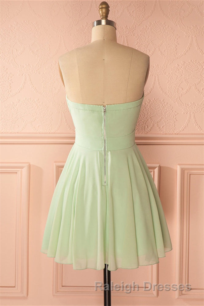 Sage Green Chiffon Strapless A Line Short Dresses