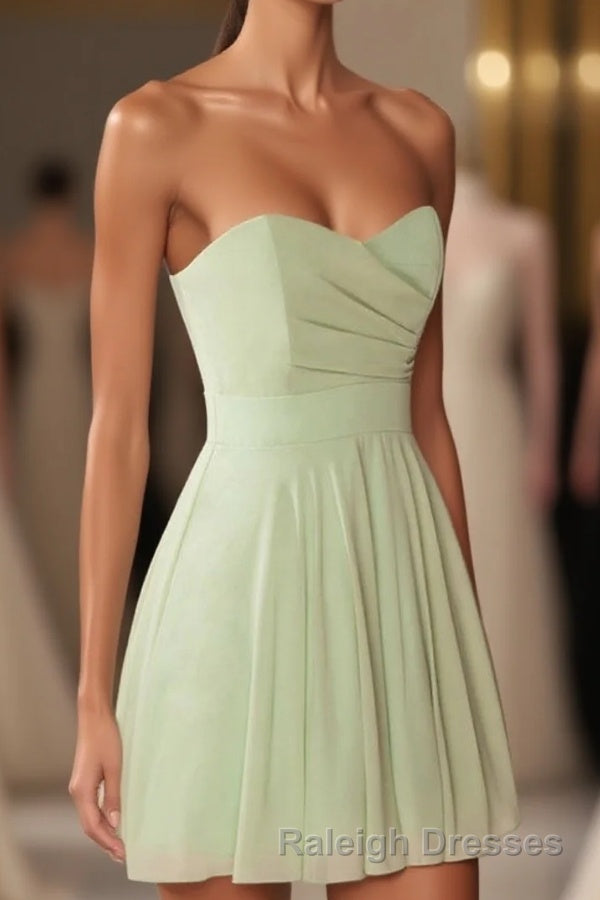 Sage Green Chiffon Strapless A Line Short Dresses