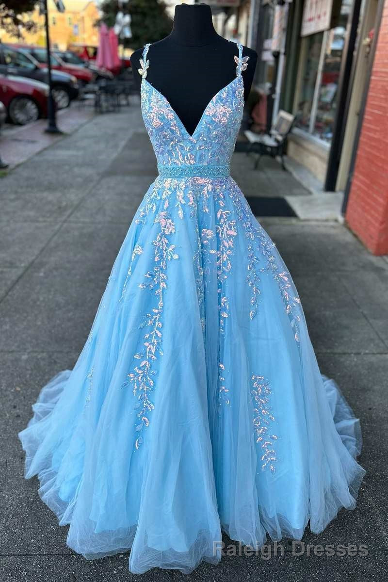 Light Blue Appliques V-Neck Belted A-Line Prom Gown Main image