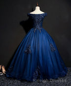 Blue Tulle Lace Off Shoulder Long Prom Dress, Blue Tulle Lace Evening Dress