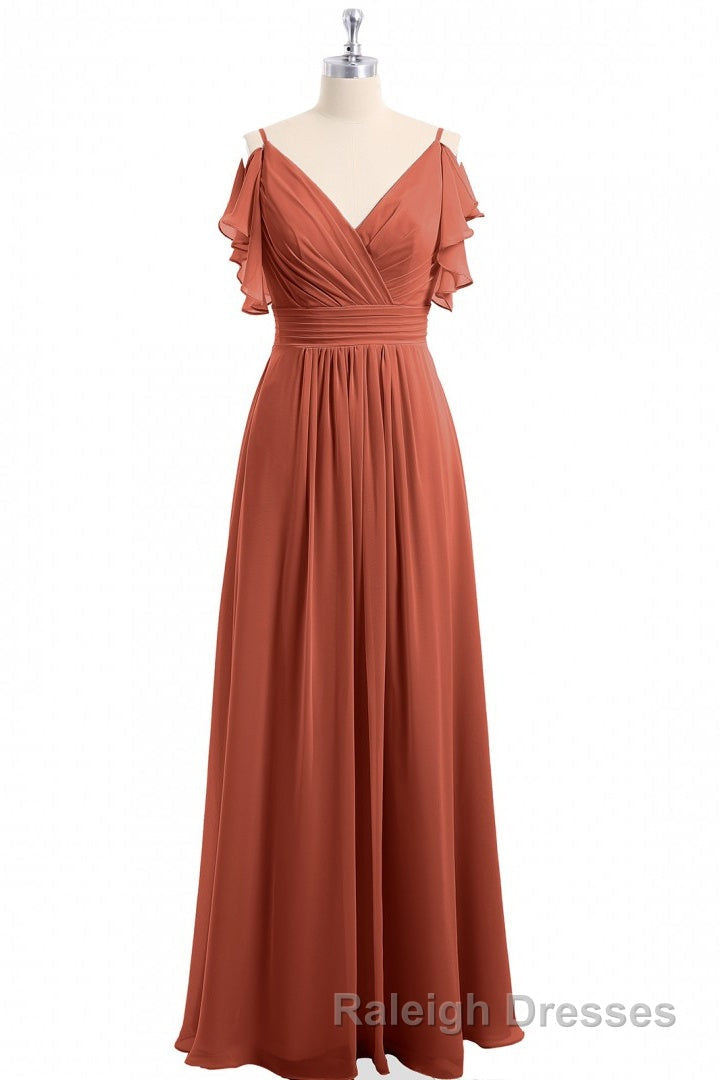 Rust Orange Cold-Shoulder A Line Long Bridesmaid Dresses