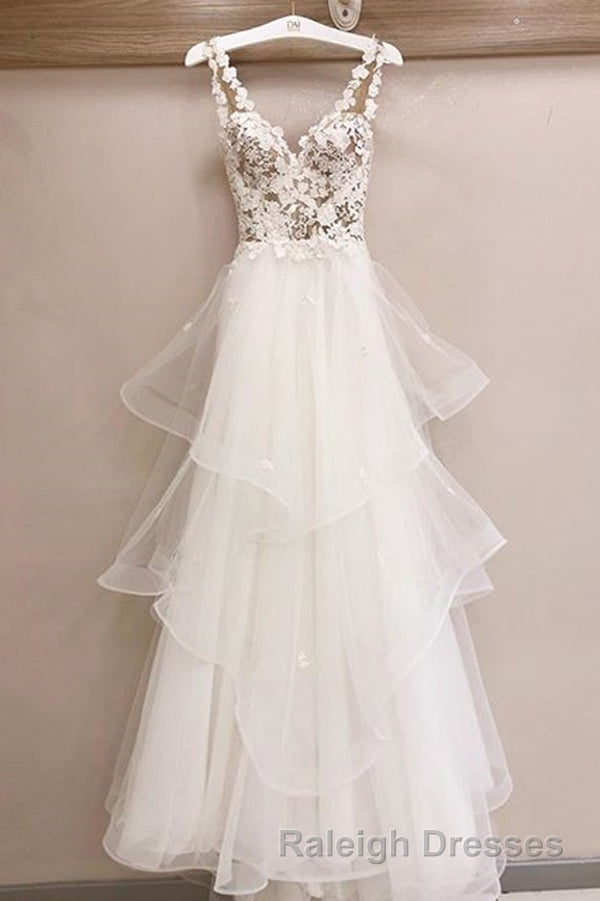 Charming Tulle Appliques V Neck Lace Wedding Dresses with Ruffles Secondary image