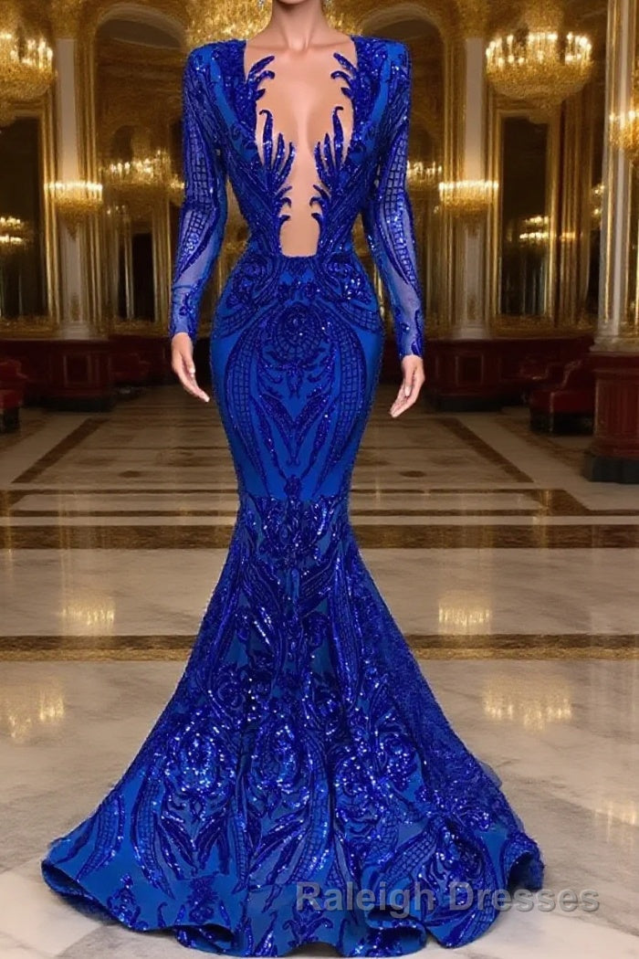 Hot Sparkle Royal Blue Sequin Long sleeves Mermaid Prom Dress Main image