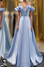 Blue A Line Off Shoulder Long Prom Dress, Blue Evening Dress