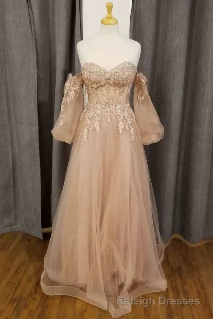 Champagne Tulle Lace Sweetheart A Line Prom Dress with Puff Sleeves Main image