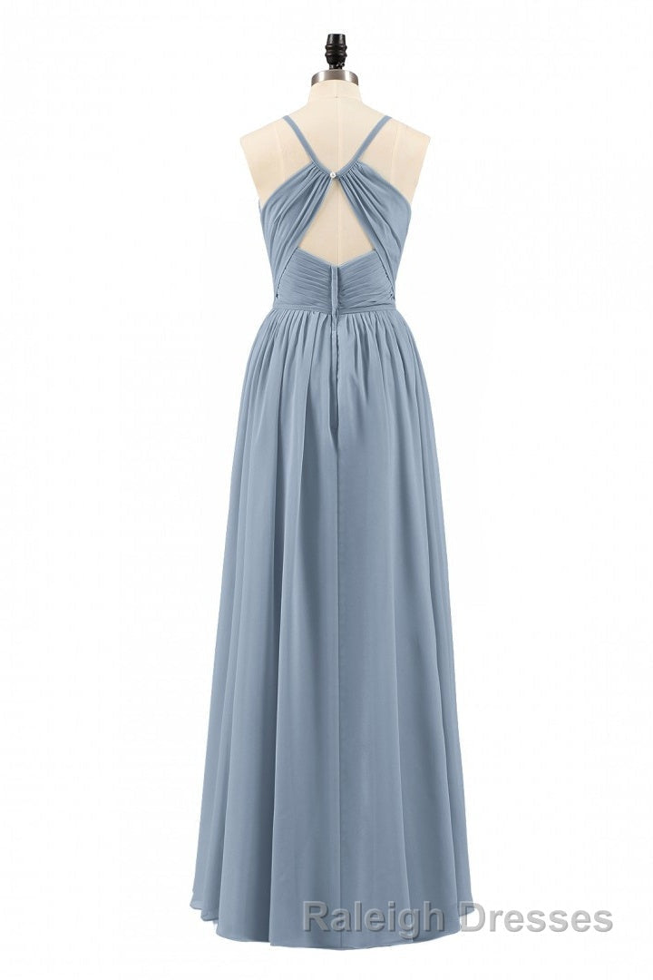 Dusty Blue Chiffon Cutout Back A Line Long Bridesmaid Dresses