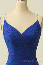 Royal Blue Beaded Tassel Lace-Up Short Prom Gowns