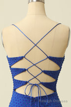 Royal Blue Beaded Tassel Lace-Up Short Party Gown