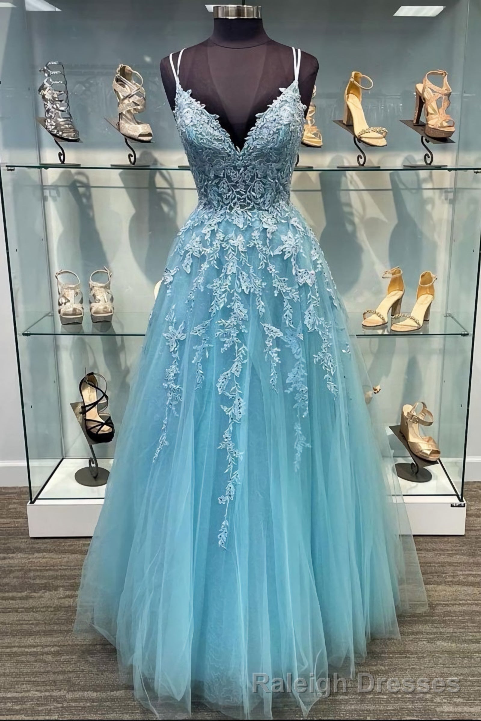 Blue V Neck Tulle Lace Long Prom Dress Blue Tulle Lace Evening Dress Main image