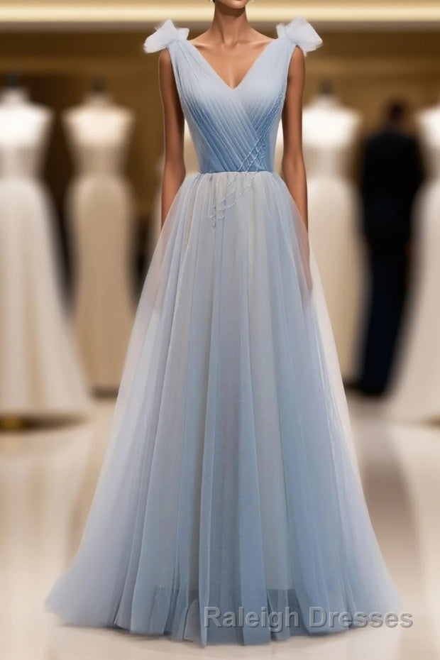 Simple Blue V Neck Tulle Long Prom Dress, Blue Formal Dress