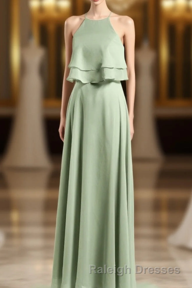 Sage Green Chiffon Halter Ruffle A Line Long Bridesmaid Dresses Main image