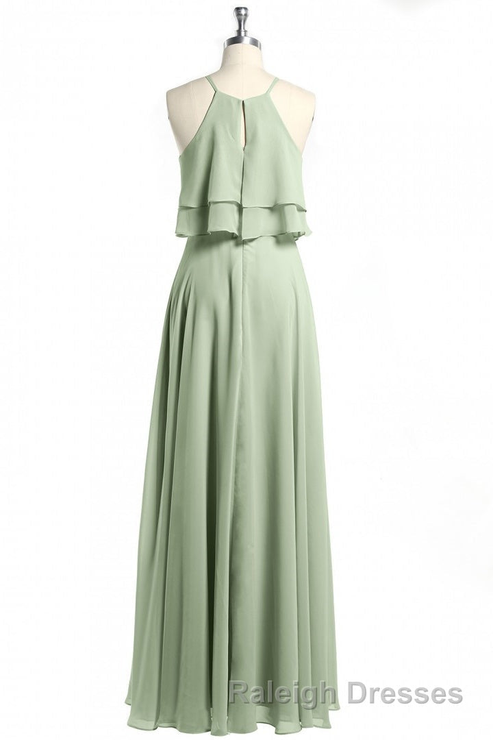 Sage Green Chiffon Halter Ruffle A Line Long Bridesmaid Dresses Secondary image
