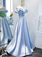 Blue A Line Off Shoulder Long Prom Dress, Blue Evening Dress