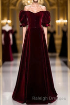 Modest Burgundy Long Prom Dresses with Short Sleeves Vintage Evening Gown
