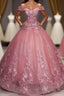 Pink Tulle Lace Off Shoulder Long Prom Dress, Pink Tulle Evening Dress, 1