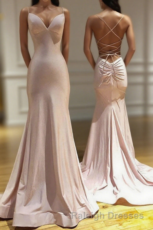 Spaghetti Straps Pink Mermaid Evening Party Dresses Long Prom Dresses Main image