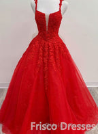 Red Tulle Lace A Line Prom Dress Appliques Long Prom Dress