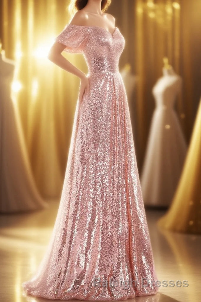 Rose Gold Sequin Off-the-Shoulder A Line Long Bridesmaid Dresses Main image