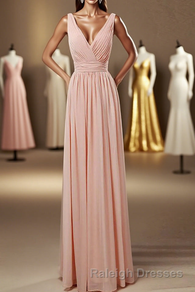 Elegant Plush Pink V Neck Open Back A Line Long Bridesmaid Dresses Main image